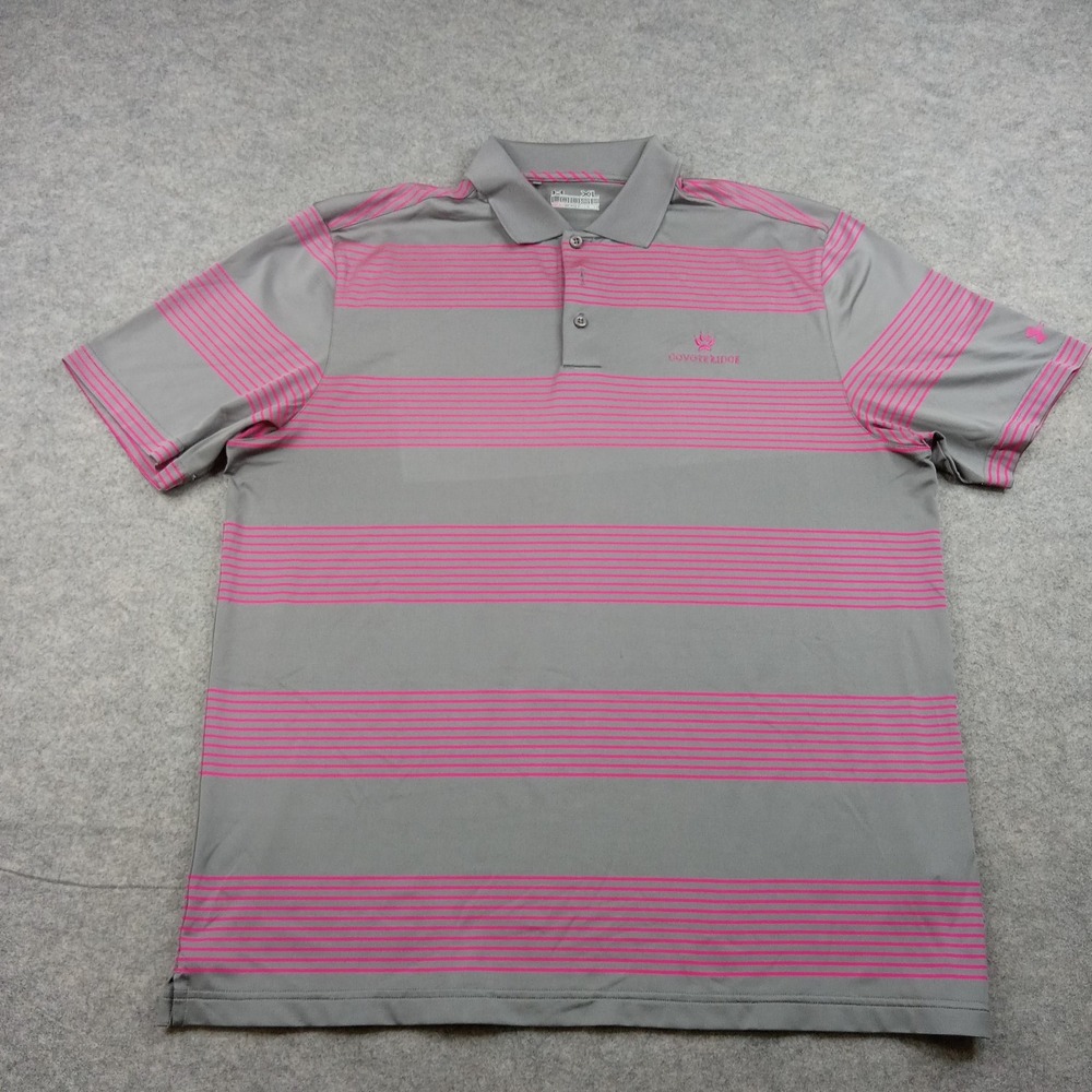 Under Armour Polo Shirt Mens XL Gray Pink Stripe HeatGear Golf Stretch Loose Fit